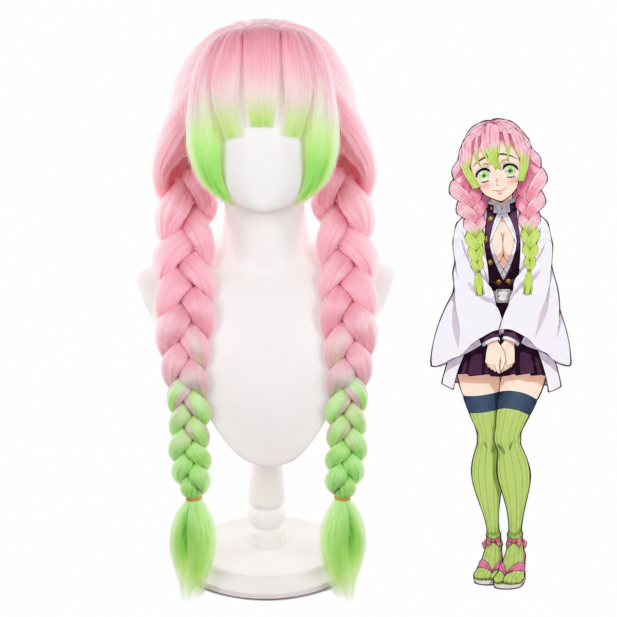 Parrucca Cosplay Demon Slayer – Mitsuri Kanroji Dyed – Rosa / Verde 70 cm